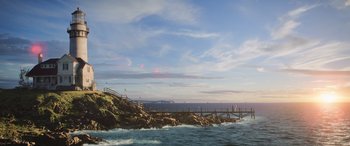 Movie still from “Aquaman” (2018), directed by James Wan – A view of a body of water with a pier in the background; Extreme Wide shot, High angle