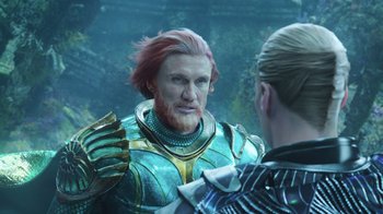 Movie still from “Aquaman” (2018), directed by James Wan – A man with a red beard is looking at another man with red hair; Close Up shot, Over the shoulder angle