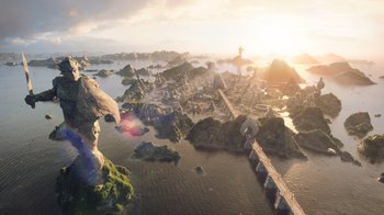 Movie still from “Aquaman” (2018), directed by James Wan – An aerial view of a river with a bridge crossing it; Extreme Wide shot, High angle