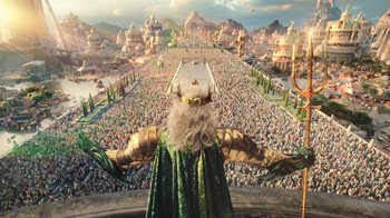 Movie still from “Aquaman” (2018), directed by James Wan – An image of a man dressed as a viking in front of a crowd; Extreme Wide shot, High angle