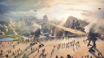 Movie still from “Aquaman” (2018), directed by James Wan – An aerial view of a city with people walking around; Extreme Wide shot, High angle