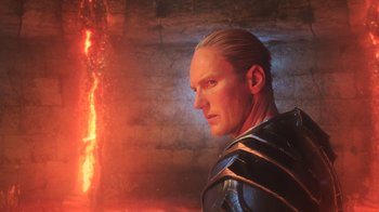 Movie still from “Aquaman” (2018), directed by James Wan – A person wearing a suit of armor; Close Up shot, Low angle