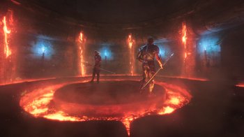 Movie still from “Aquaman” (2018), directed by James Wan – Two people are standing in the middle of a fire pit; Extreme Wide shot, High angle