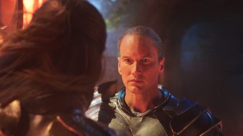 Movie still from “Aquaman” (2018), directed by James Wan – A person wearing a helmet; Close Up shot, Over the shoulder angle