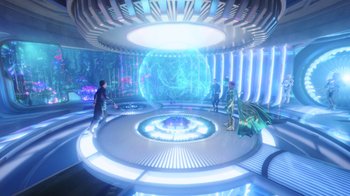 Movie still from “Aquaman” (2018), directed by James Wan – A group of people standing in a room with lights; Extreme Wide shot, High angle