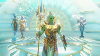 Movie still from “Aquaman” (2018), directed by James Wan – An image of a woman with a trident in her hand; Wide shot, High angle