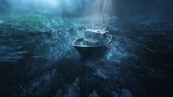 Movie still from “Aquaman” (2018), directed by James Wan – A boat in the middle of the ocean in a storm; Extreme Wide shot, High angle