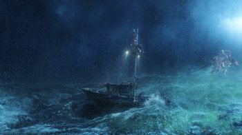 Movie still from “Aquaman” (2018), directed by James Wan – A boat in the middle of the ocean in a storm; Extreme Wide shot, High angle