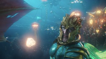 Movie still from “Aquaman” (2018), directed by James Wan – An image of a man with a helmet in the ocean; Close Up shot, Over the shoulder angle