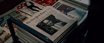 Movie still from “The Insider” (1999), directed by Michael Mann – A stack of new york times and voice newspapers; Extreme Close Up shot, High angle