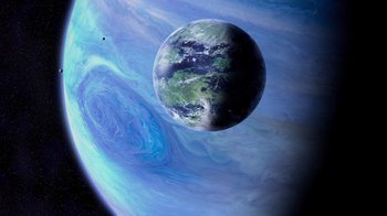 Movie still from “Avatar” (2009), directed by James Cameron – An alien planet with a green planet in the background; Extreme Wide shot, Overhead angle