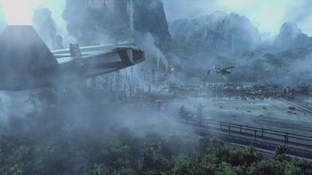 Movie still from “Avatar” (2009), directed by James Cameron – An image of an airplane flying in the sky; Extreme Wide shot, High angle