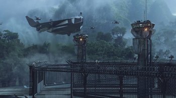 Movie still from “Avatar” (2009), directed by James Cameron – An airplane flying in the air near a forest; Extreme Wide shot, High angle