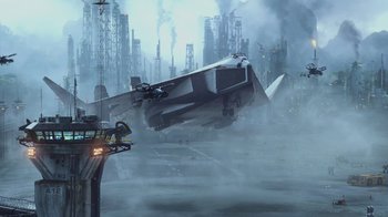 Movie still from “Avatar” (2009), directed by James Cameron – An airplane is flying over a city in the fog; Extreme Wide shot, Low angle