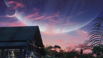 Movie still from “Avatar” (2009), directed by James Cameron – The sky is pink and blue at sunset; Extreme Wide shot, Low angle