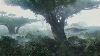 Movie still from “Avatar” (2009), directed by James Cameron – A large tree in the middle of a forest; Extreme Wide shot, Low angle