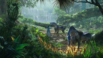 Movie still from “Avatar” (2009), directed by James Cameron – A group of dinosaurs in the middle of the jungle; Extreme Wide shot, Low angle