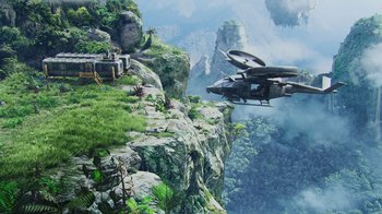 Movie still from “Avatar” (2009), directed by James Cameron – A helicopter flying over a cliff with a mountain in the background; Extreme Wide shot, High angle