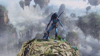 Movie still from “Avatar” (2009), directed by James Cameron – An image of an animated character on top of a mountain; Wide shot, Low angle