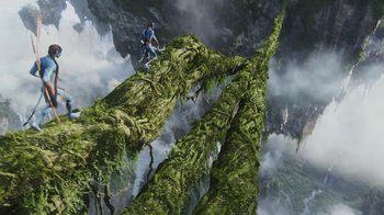 Movie still from “Avatar” (2009), directed by James Cameron – A man riding a bike on top of a tree; Extreme Wide shot, Low angle