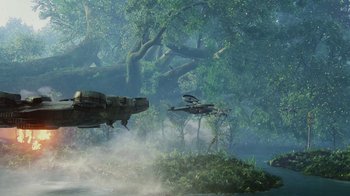 Movie still from “Avatar” (2009), directed by James Cameron – An image of an airplane flying in the air over a forest; Extreme Wide shot, Low angle