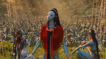 Movie still from “Avatar” (2009), directed by James Cameron – An image of an animated character in a field; Wide shot, High angle