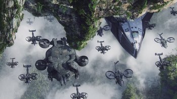 Movie still from “Avatar” (2009), directed by James Cameron – An aerial view of a group of vehicles flying in the sky; Extreme Wide shot, Overhead angle