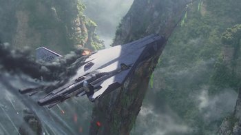 Movie still from “Avatar” (2009), directed by James Cameron – An image of an airplane that is flying in the sky; Extreme Wide shot, Low angle