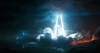 Movie still from “Avatar: The Way of Water” (2022), directed by James Cameron – An image of a rocket launch in the night sky; Extreme Wide shot, High angle