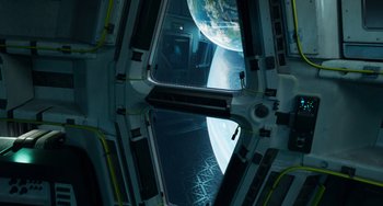 Movie still from “Avatar: The Way of Water” (2022), directed by James Cameron – A view of the earth from inside a space ship; Extreme Wide shot, Overhead angle