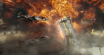 Movie still from “Avatar: The Way of Water” (2022), directed by James Cameron – An image of an airplane that is flying in the air; Extreme Wide shot, Low angle