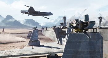 Movie still from “Avatar: The Way of Water” (2022), directed by James Cameron – An airplane is flying low over a runway; Extreme Wide shot, High angle