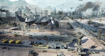 Movie still from “Avatar: The Way of Water” (2022), directed by James Cameron – An aerial view of an industrial area with a lot of buildings; Extreme Wide shot, High angle