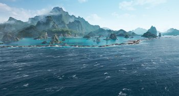 Movie still from “Avatar: The Way of Water” (2022), directed by James Cameron – An image of an ocean with a mountain in the background; Extreme Wide shot, High angle