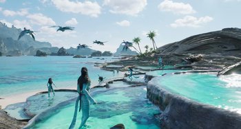 Movie still from “Avatar: The Way of Water” (2022), directed by James Cameron – An image of a woman in the water near some birds; Extreme Wide shot, High angle