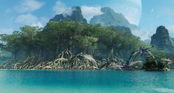 Movie still from “Avatar: The Way of Water” (2022), directed by James Cameron – An image of an island with trees in the background; Extreme Wide shot, High angle