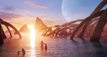 Movie still from “Avatar: The Way of Water” (2022), directed by James Cameron – Two people in the water near an island with a body of water; Extreme Wide shot, Low angle