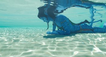 Movie still from “Avatar: The Way of Water” (2022), directed by James Cameron – A woman is laying on the sand under the water; Wide shot, Overhead angle