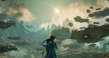 Movie still from “Avatar: The Way of Water” (2022), directed by James Cameron – An image of a woman looking out at the sky; Extreme Wide shot, Low angle