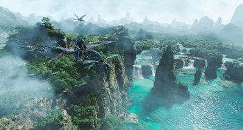 Movie still from “Avatar: The Way of Water” (2022), directed by James Cameron – An image of a scene with a bunch of dragons flying over the water; Extreme Wide shot, High angle