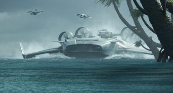 Movie still from “Avatar: The Way of Water” (2022), directed by James Cameron – An airplane flying over the ocean in a cloudy sky; Extreme Wide shot, High angle