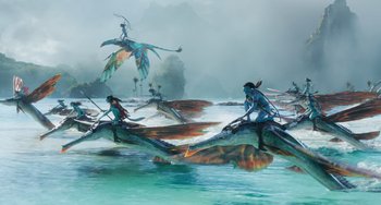 Movie still from “Avatar: The Way of Water” (2022), directed by James Cameron – An artistic painting of people on canoes in the water; Extreme Wide shot, High angle