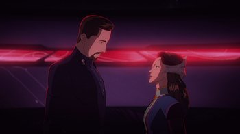 Movie still from “Babylon 5: The Road Home” (2023), directed by Matt Peters – A man and a woman standing next to each other in front of neon lights; Medium shot, Over the shoulder angle