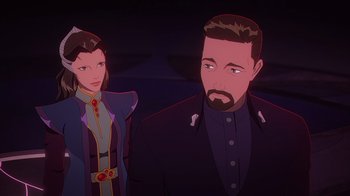 Movie still from “Babylon 5: The Road Home” (2023), directed by Matt Peters – A man and a woman standing next to each other; Medium shot, Over the shoulder angle