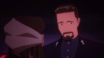 Movie still from “Babylon 5: The Road Home” (2023), directed by Matt Peters – Close Up shot, Over the shoulder angle