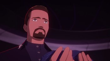 Movie still from “Babylon 5: The Road Home” (2023), directed by Matt Peters – An animated picture of a man with a beard; Close Up shot, Low angle