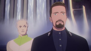 Movie still from “Babylon 5: The Road Home” (2023), directed by Matt Peters – A man with a beard is looking at a woman; Close Up shot, Over the shoulder angle