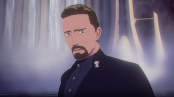 Movie still from “Babylon 5: The Road Home” (2023), directed by Matt Peters – An animated picture of a man with a beard; Close Up shot, High angle