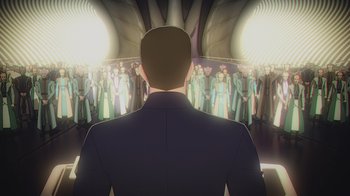 Movie still from “Babylon 5: The Road Home” (2023), directed by Matt Peters – A man is standing in front of a group of people; Medium shot, High angle