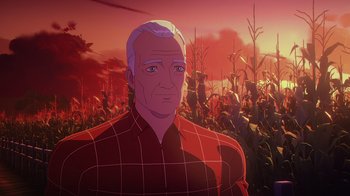 Movie still from “Babylon 5: The Road Home” (2023), directed by Matt Peters – An animated picture of a man in a field of corn; Medium shot, Low angle